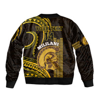 Black bomber jacket with gold Polynesian back print, YOUR TEXT and LT14, ribbed hem