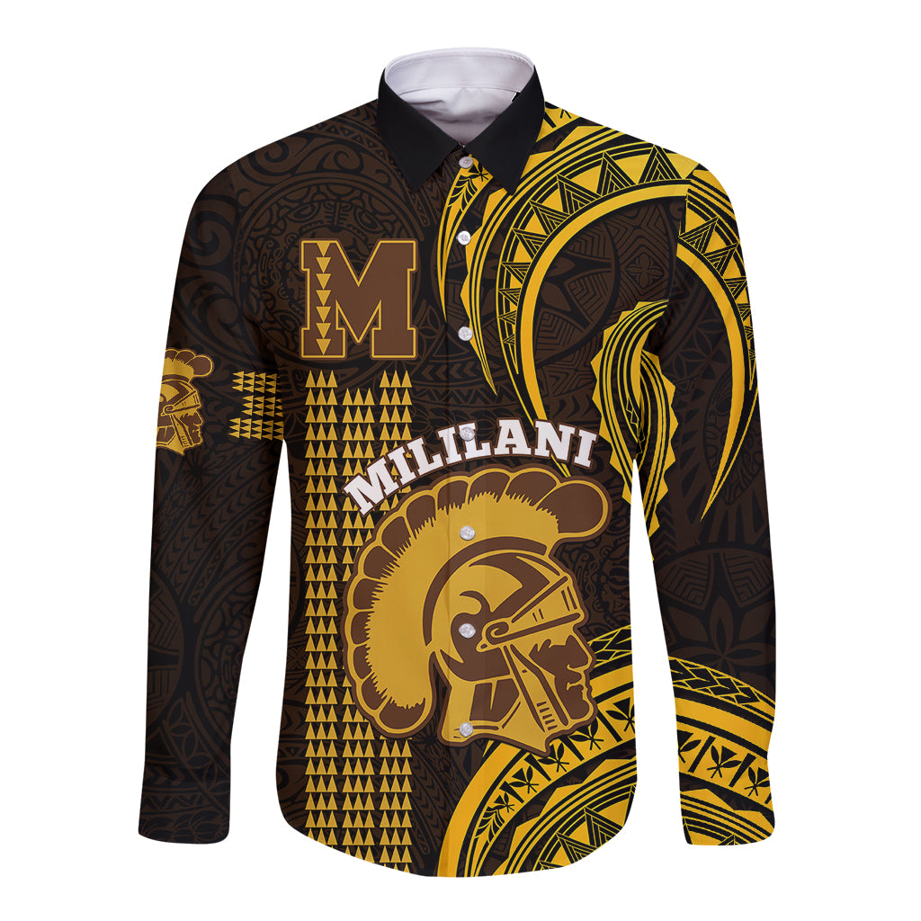 Long-sleeve button-up shirt with dark print and gold Mililani crest graphic, front