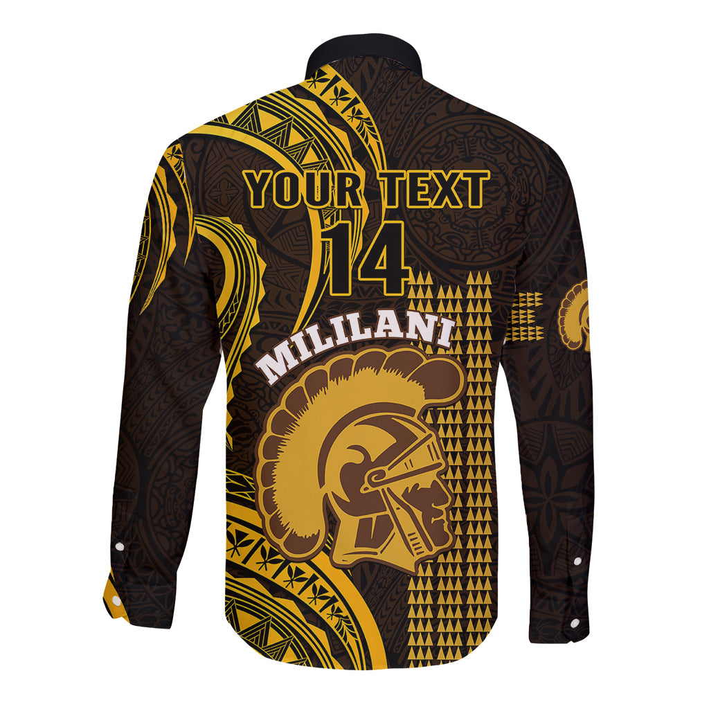 Long-sleeve button-up shirt with dark back print, gold 'YOUR TEXT' and 14, back