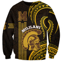 Unisex sweatshirt with gold Polynesian warrior crest on dark fabric, front graphic