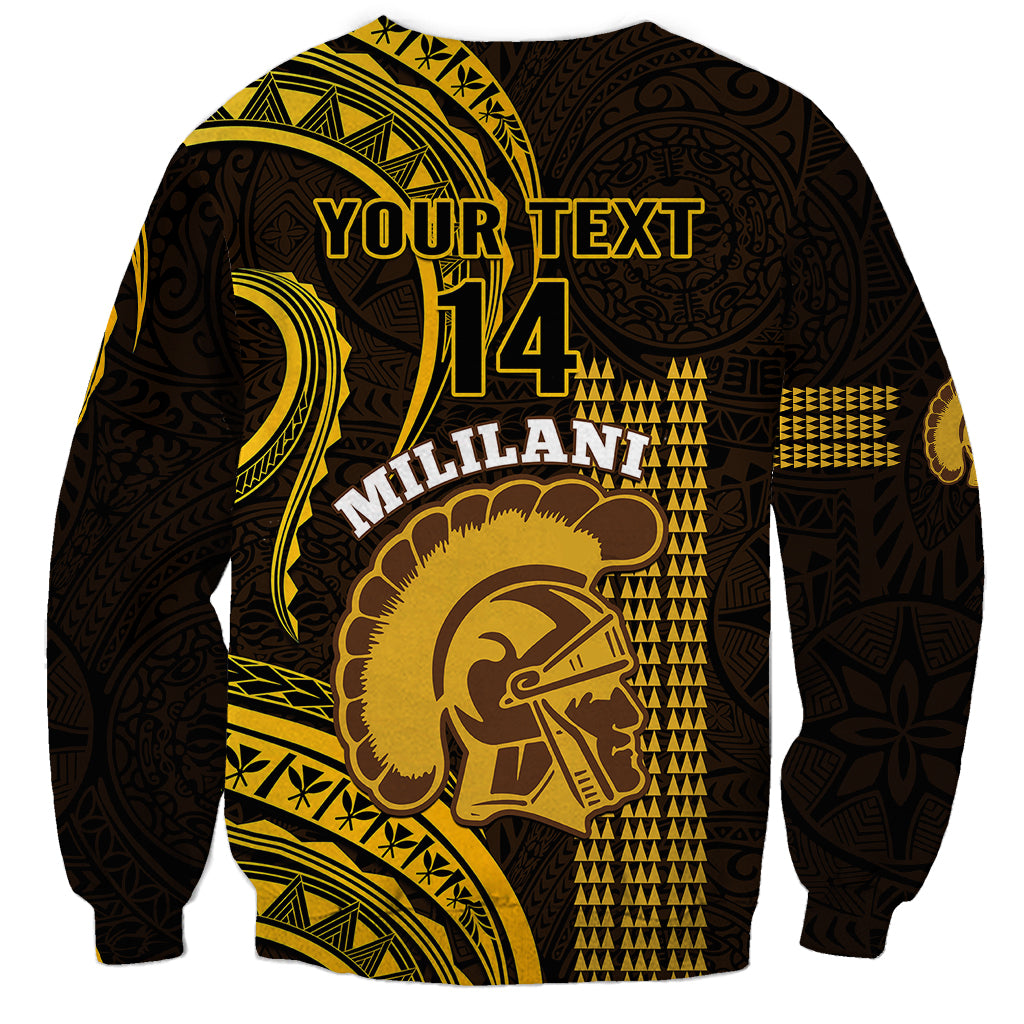 Unisex sweatshirt with personalized 'YOUR TEXT' and '14' over gold Polynesian warrior graphic