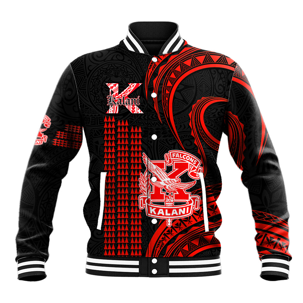 Red and black baseball varsity jacket with front button placket and team patch