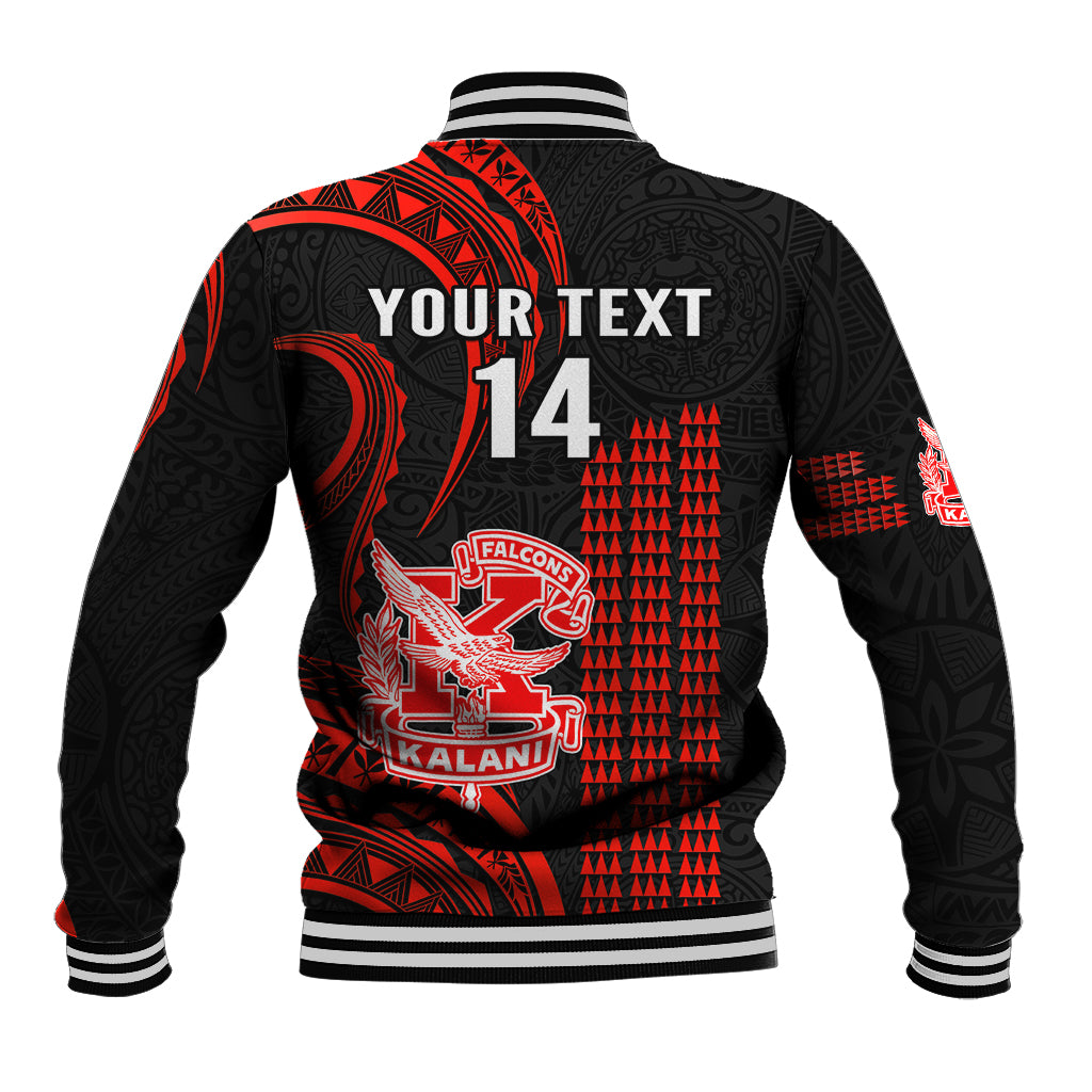 Red and black baseball jacket back with 'YOUR TEXT 14' and circular emblem