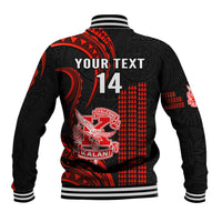 Red and black baseball jacket back with 'YOUR TEXT 14' and circular emblem