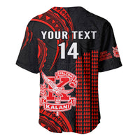 Baseball jersey in red and black with YOUR TEXT, number 14, Falcons emblem.