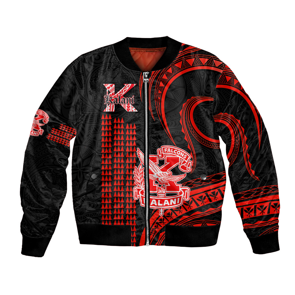 Black bomber jacket with red Polynesian pattern, front zip, varsity-style crest