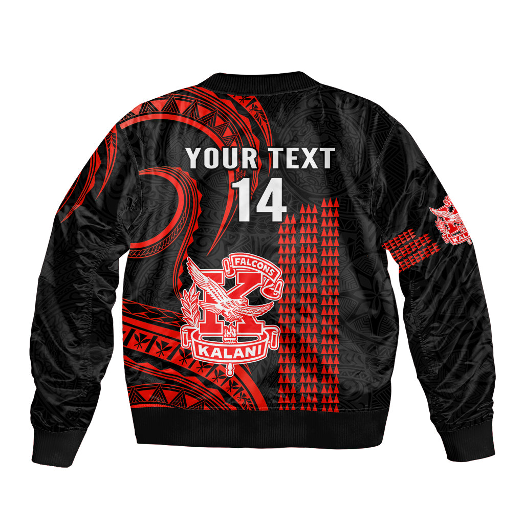 Black bomber jacket back with red geometric pattern, 'YOUR TEXT 14' print, crest
