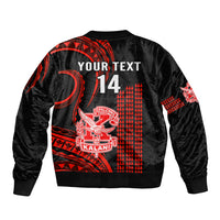 Black bomber jacket back with red geometric pattern, 'YOUR TEXT 14' print, crest