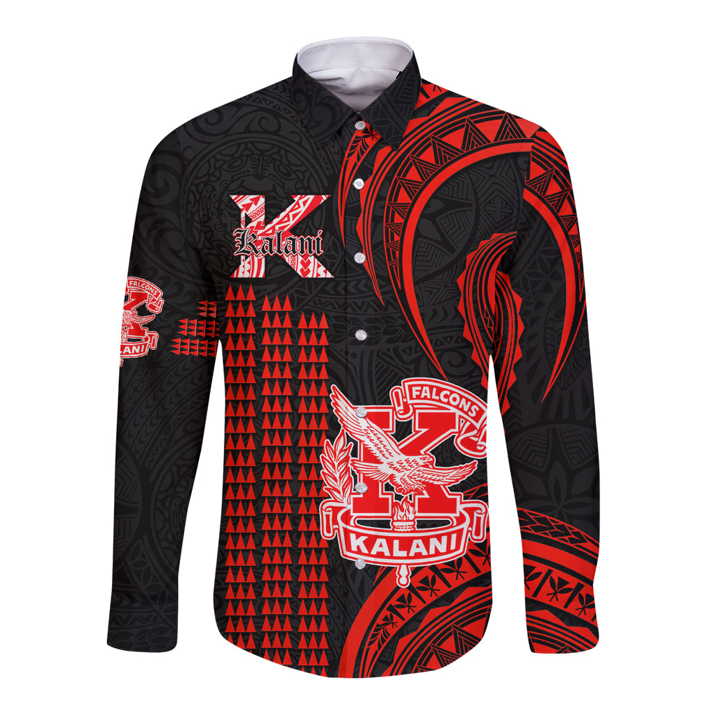 Red and black long-sleeve button shirt with Polynesian kakau pattern and chest crest