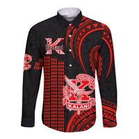 Red and black long-sleeve button shirt with Polynesian kakau pattern and chest crest