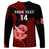 Black long-sleeve shirt with red pattern, YOUR TEXT, 14, and Falcons Kalani crest
