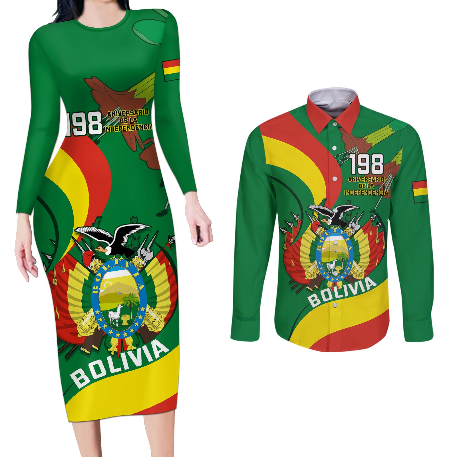 Bolivia Couples Matching Long Sleeve Bodycon Dress and Long Sleeve Button Shirts Bolivian Kantuta Happy 198th Independence Day - Wonder Print Shop