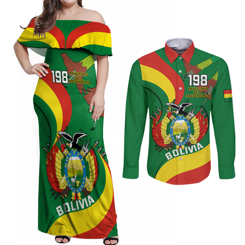 Bolivia Couples Matching Off Shoulder Maxi Dress and Long Sleeve Button Shirts Bolivian Kantuta Happy 198th Independence Day - Wonder Print Shop