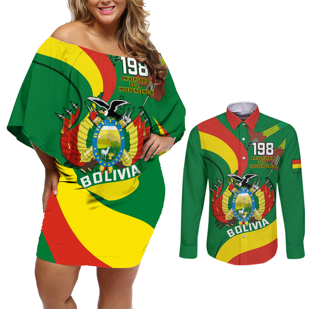 Bolivia Couples Matching Off Shoulder Short Dress and Long Sleeve Button Shirts Bolivian Kantuta Happy 198th Independence Day - Wonder Print Shop