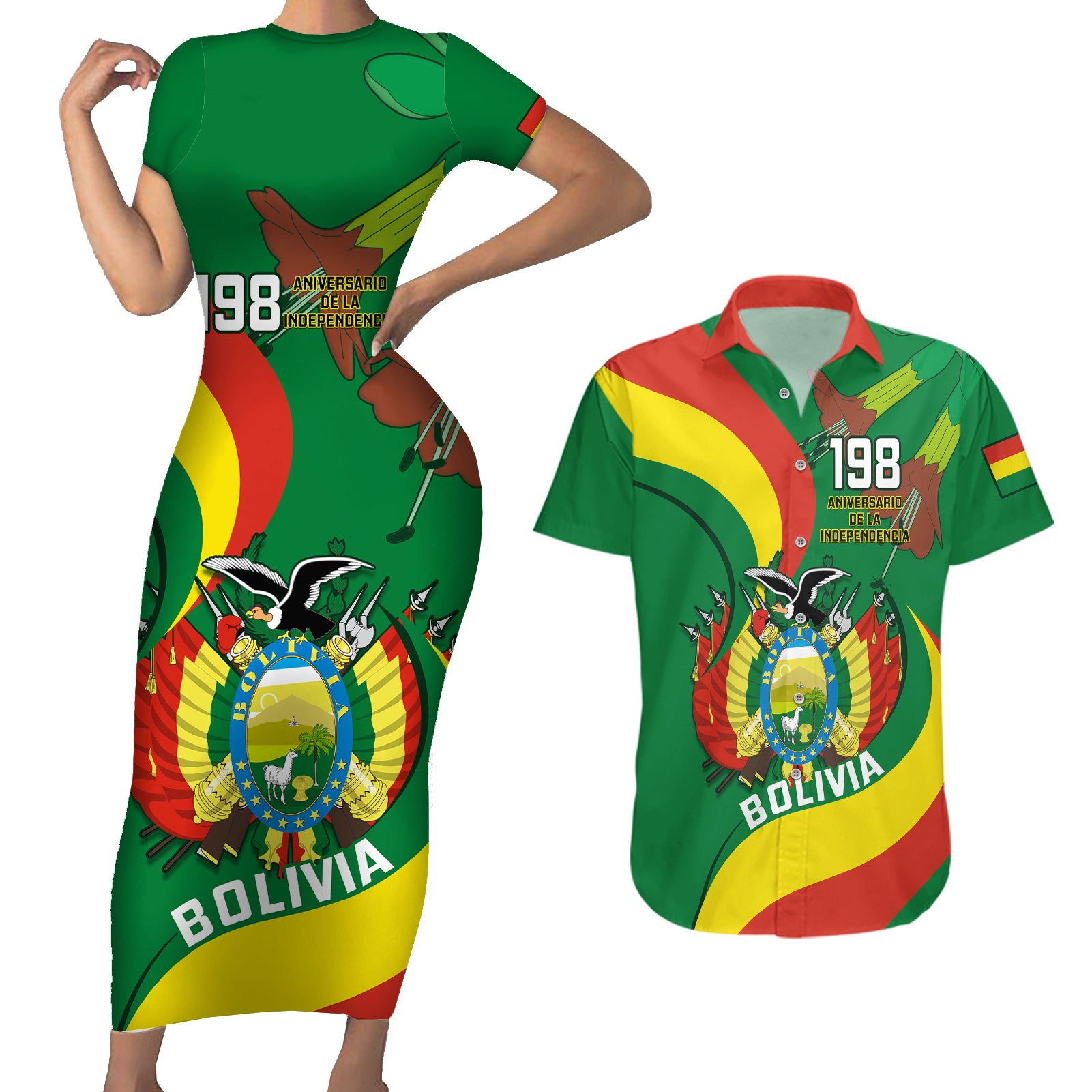 Bolivia Couples Matching Short Sleeve Bodycon Dress and Hawaiian Shirt Bolivian Kantuta Happy 198th Independence Day - Wonder Print Shop