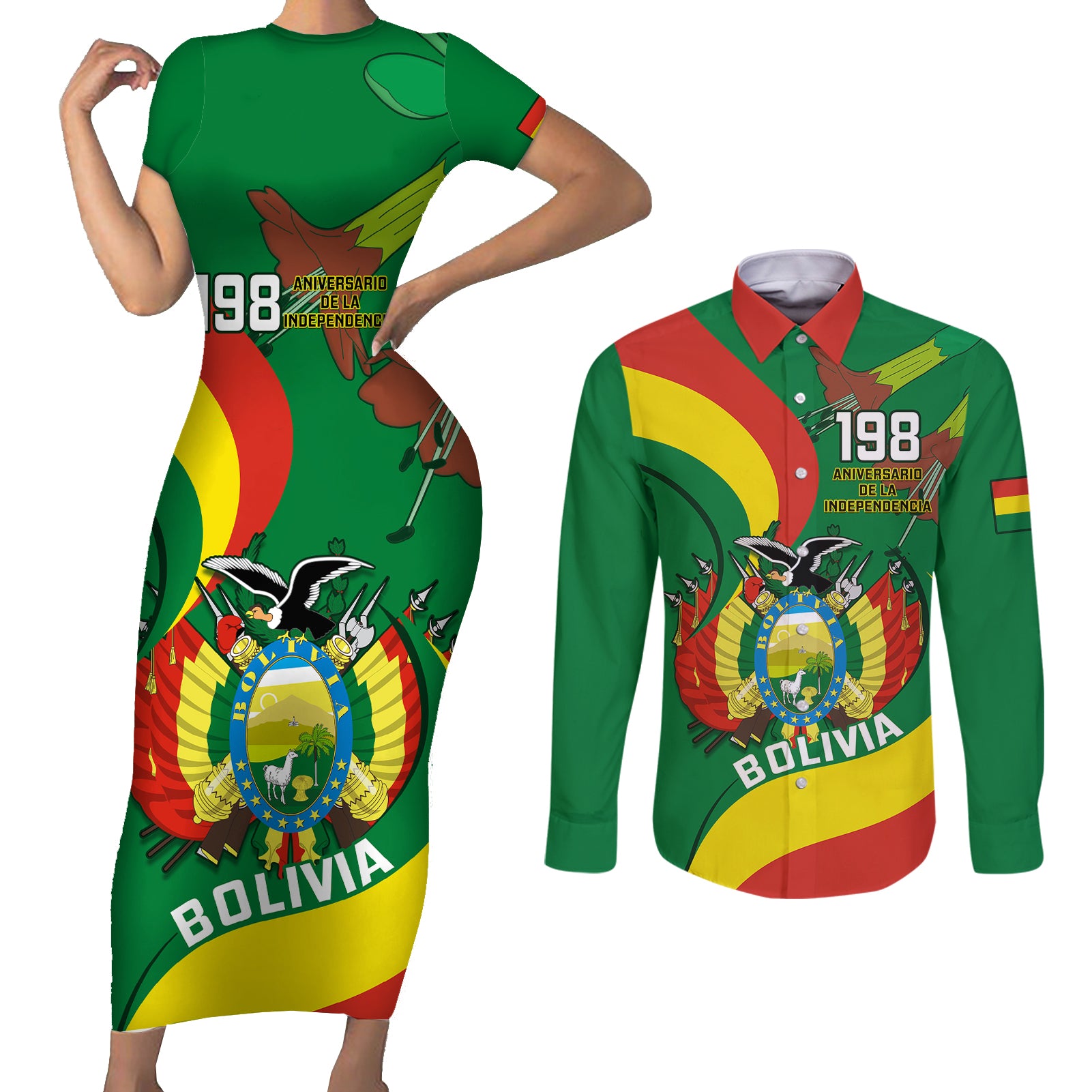 Bolivia Couples Matching Short Sleeve Bodycon Dress and Long Sleeve Button Shirts Bolivian Kantuta Happy 198th Independence Day - Wonder Print Shop