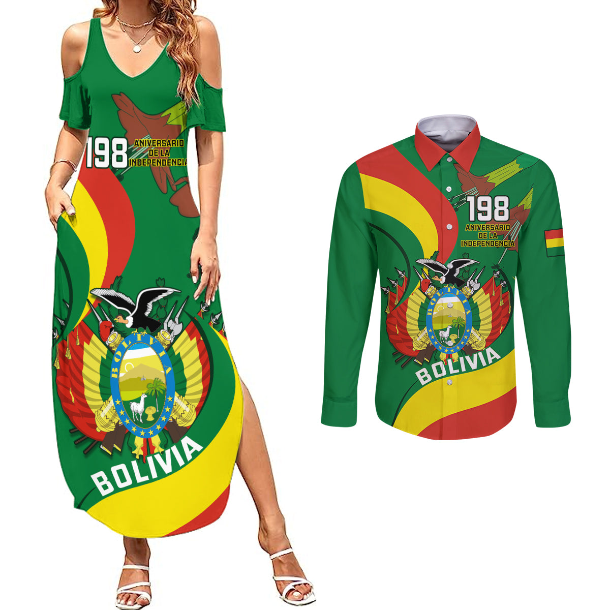 Bolivia Couples Matching Summer Maxi Dress and Long Sleeve Button Shirts Bolivian Kantuta Happy 198th Independence Day - Wonder Print Shop