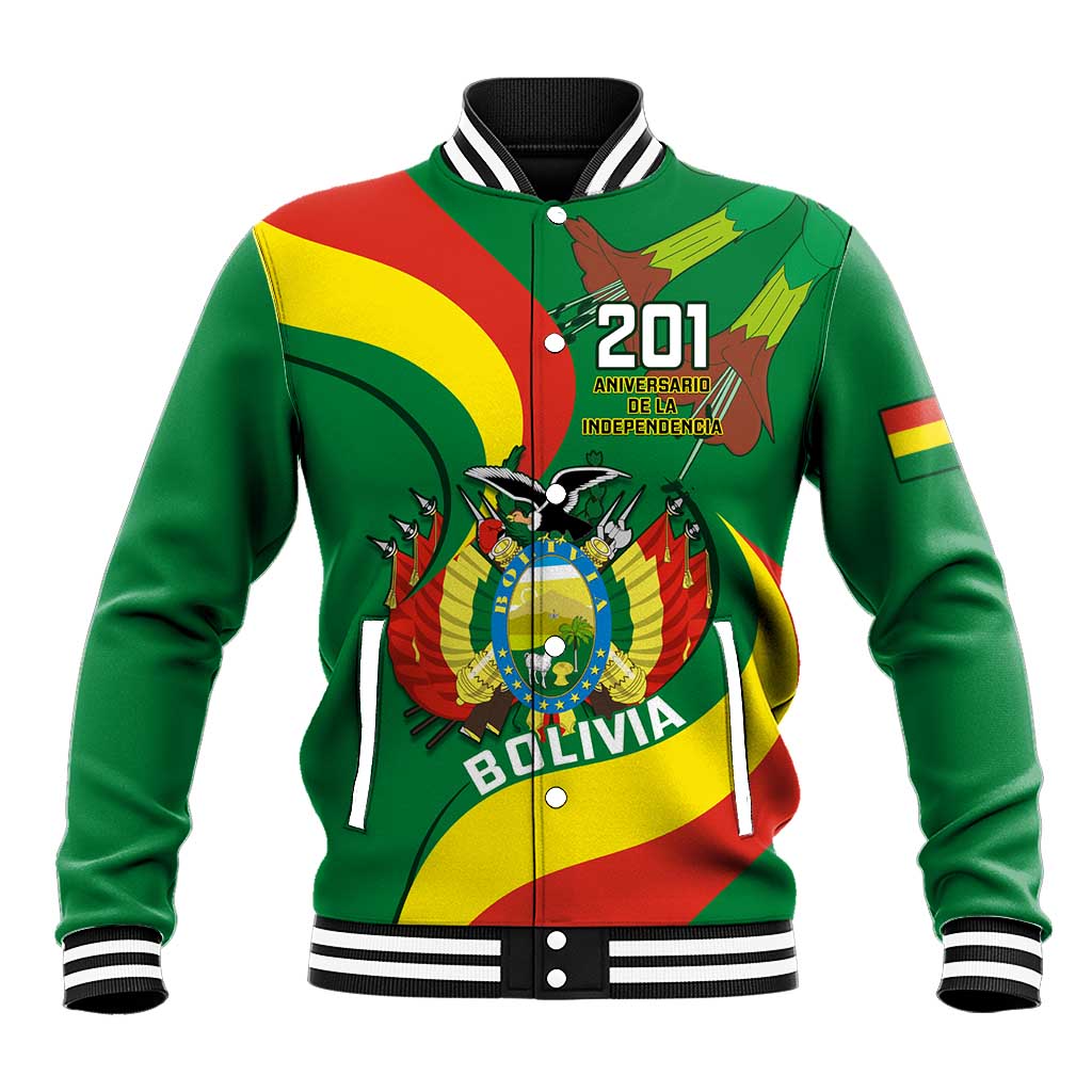 Green Bolivia varsity baseball jacket, front crest and 201 anniversary graphic