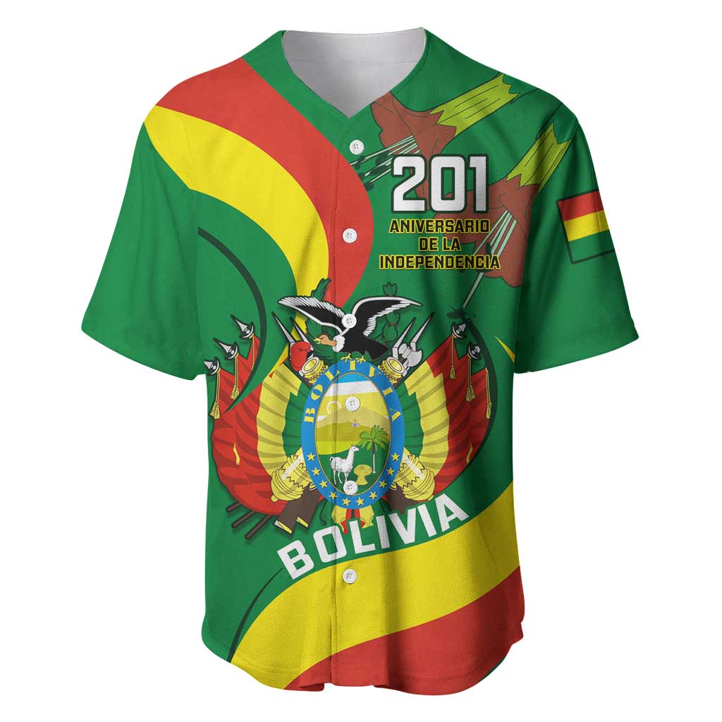 Green Bolivia baseball jersey, button-front V-neck with 201 independence graphic.