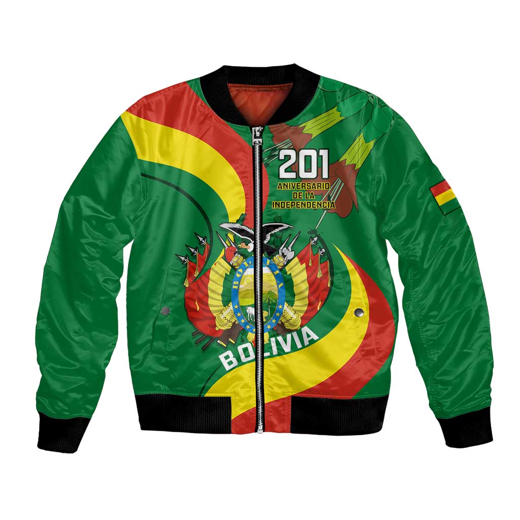Green zip-up bomber jacket with black ribbed cuffs and Bolivia 201 anniversary graphic