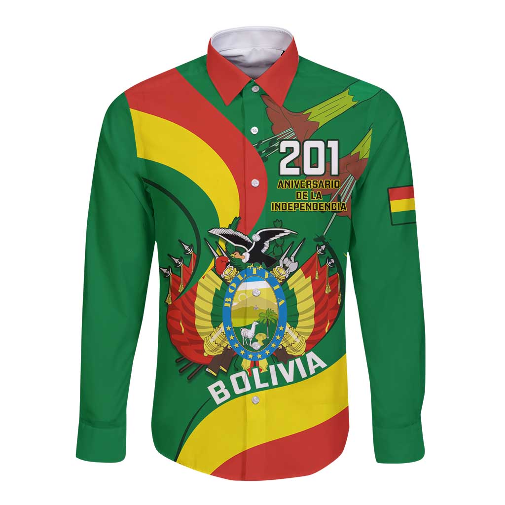 Green long-sleeve button shirt with front Independence Day graphic print, collar and placket