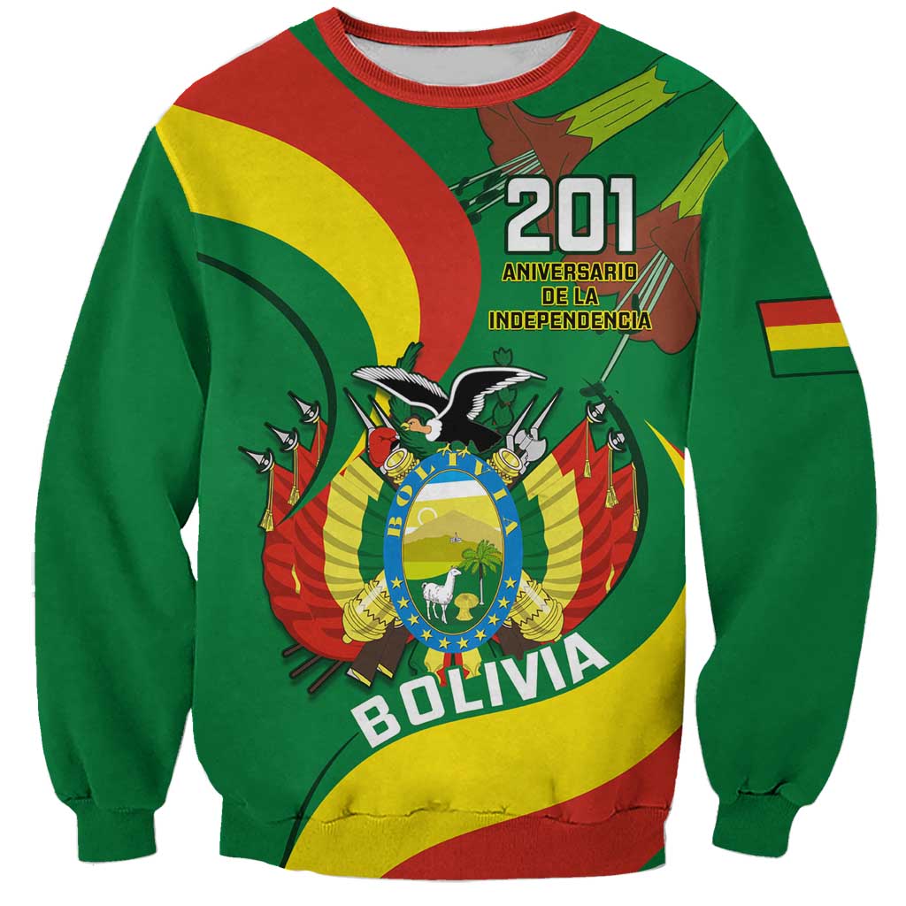 Green Bolivia Independence Day sweatshirt, front 201 anniversary graphic and crest
