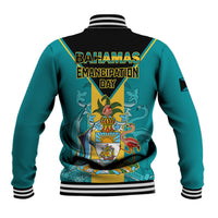 Teal baseball jacket with striped ribbed collar, 'BAHAMAS EMANCIPATION DAY' back graphic