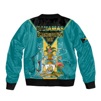 Teal bomber jacket with black ribbed hem and back Emancipation Day graphic with crest