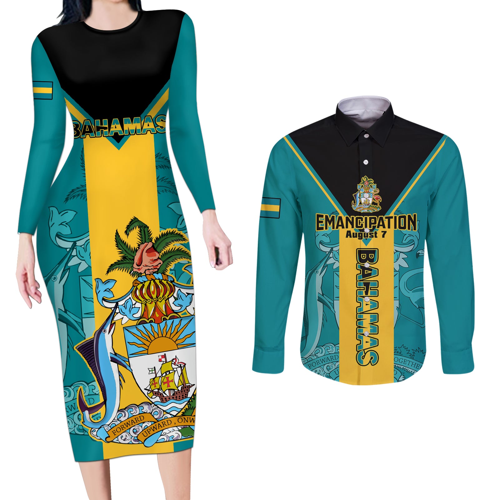 Bahamas Couples Matching Long Sleeve Bodycon Dress and Long Sleeve Button Shirts Happy Bahamian Emancipation Day - Wonder Print Shop