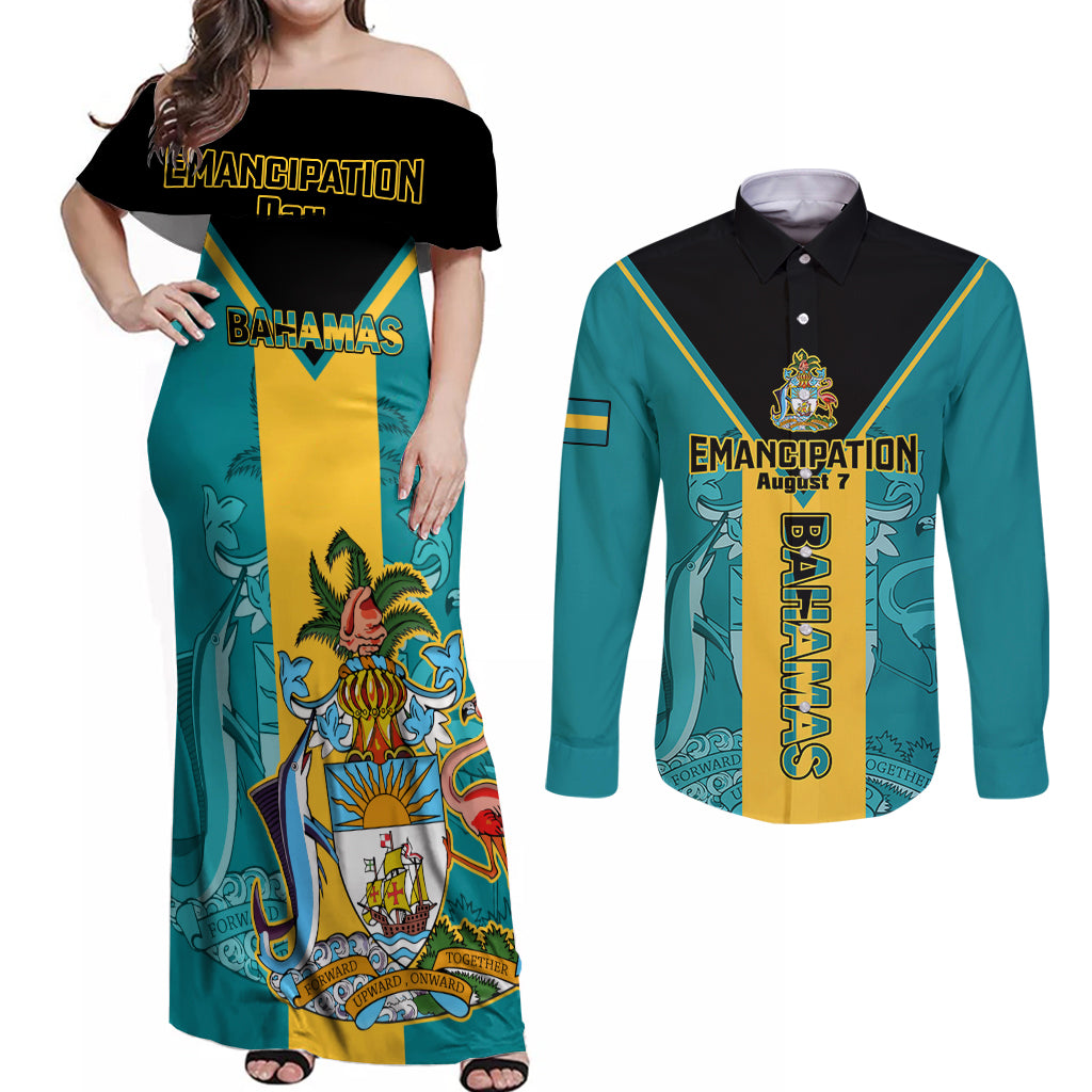 Bahamas Couples Matching Off Shoulder Maxi Dress and Long Sleeve Button Shirts Happy Bahamian Emancipation Day - Wonder Print Shop