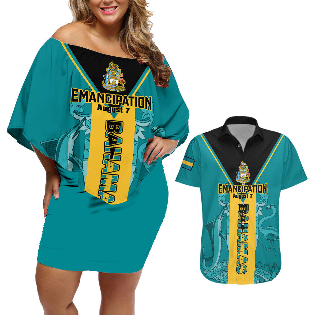 Bahamas Couples Matching Off Shoulder Short Dress and Hawaiian Shirt Happy Bahamian Emancipation Day - Wonder Print Shop