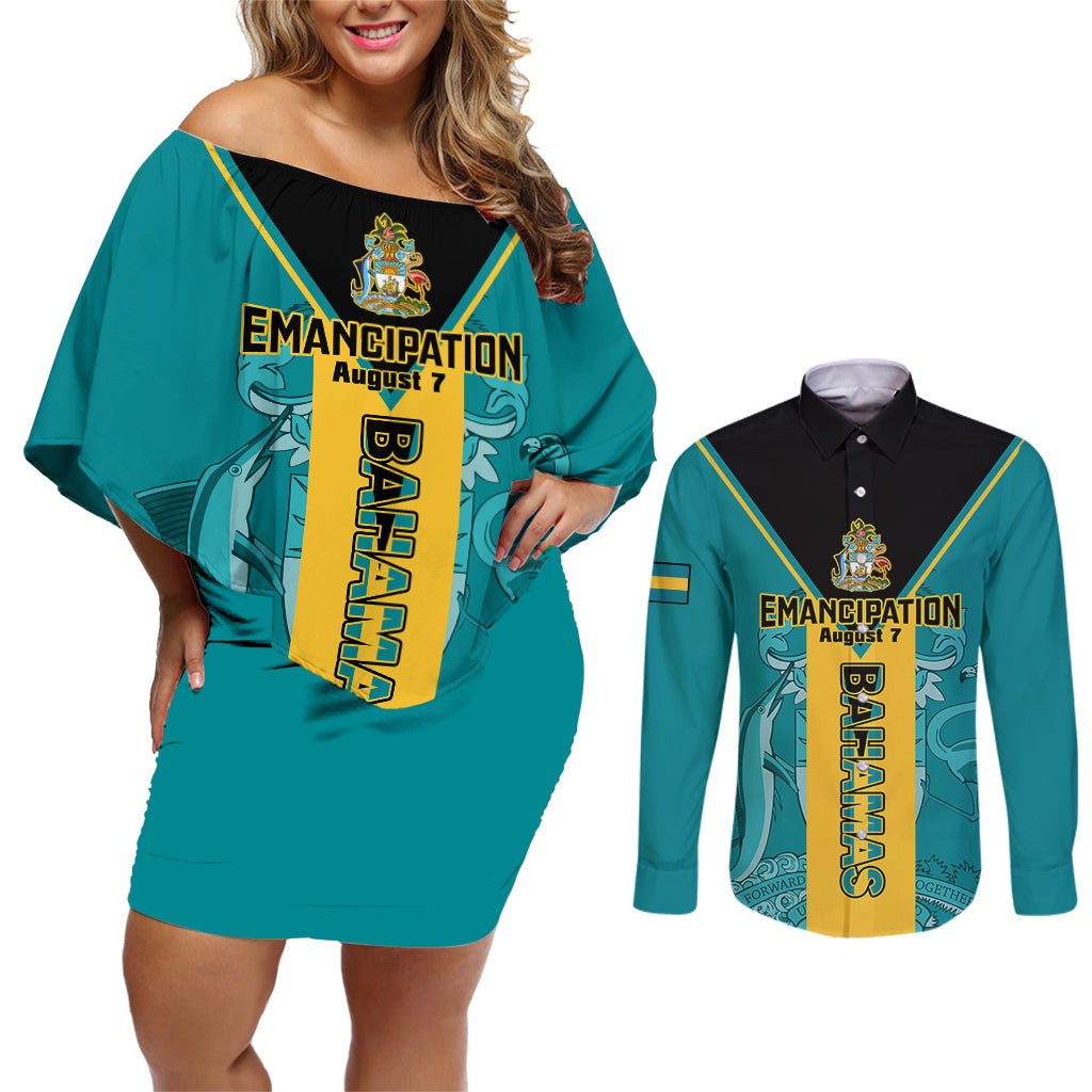 Bahamas Couples Matching Off Shoulder Short Dress and Long Sleeve Button Shirts Happy Bahamian Emancipation Day - Wonder Print Shop