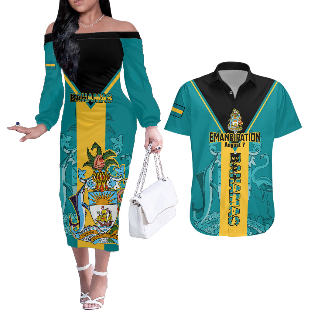 Bahamas Couples Matching Off The Shoulder Long Sleeve Dress and Hawaiian Shirt Happy Bahamian Emancipation Day - Wonder Print Shop