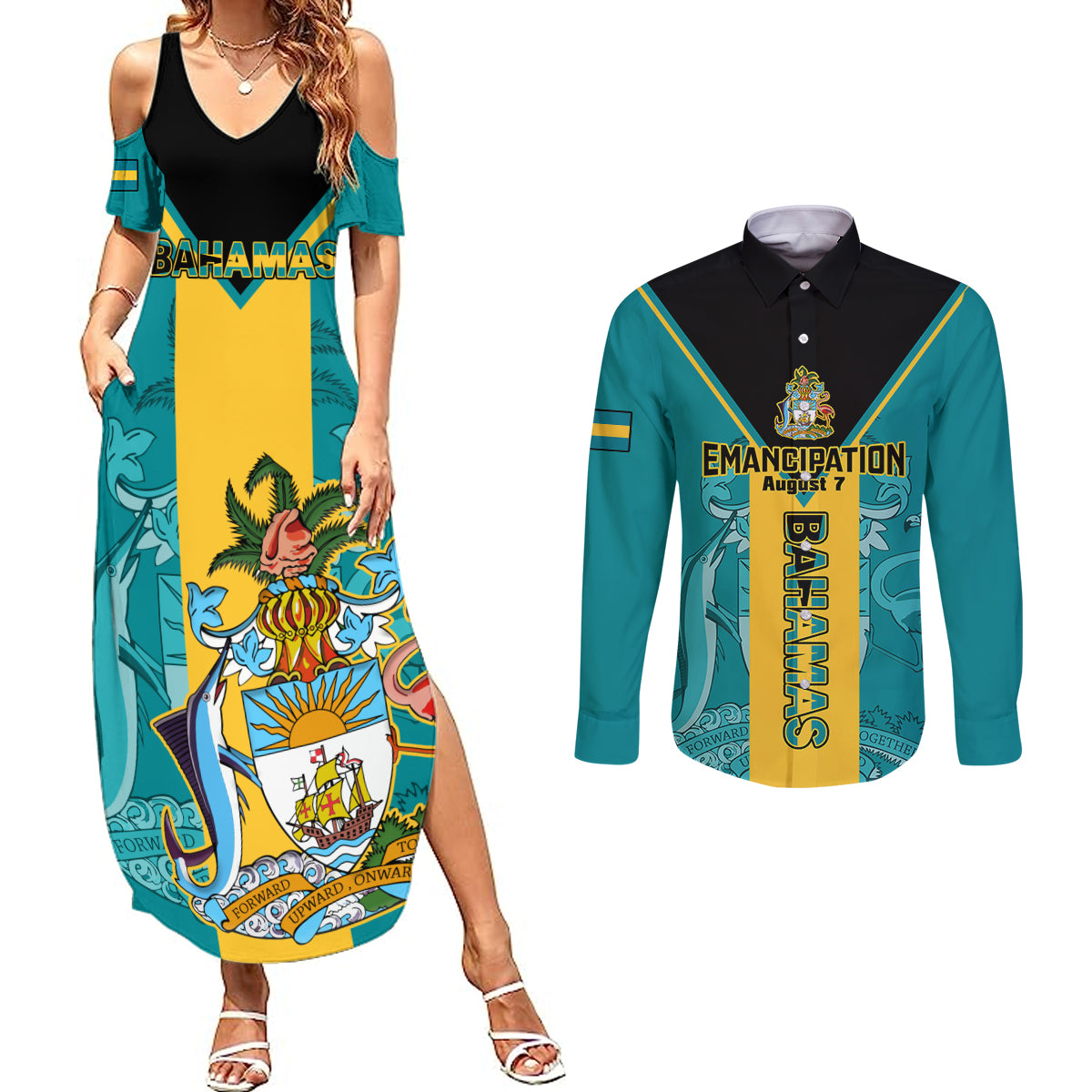 Bahamas Couples Matching Summer Maxi Dress and Long Sleeve Button Shirts Happy Bahamian Emancipation Day - Wonder Print Shop