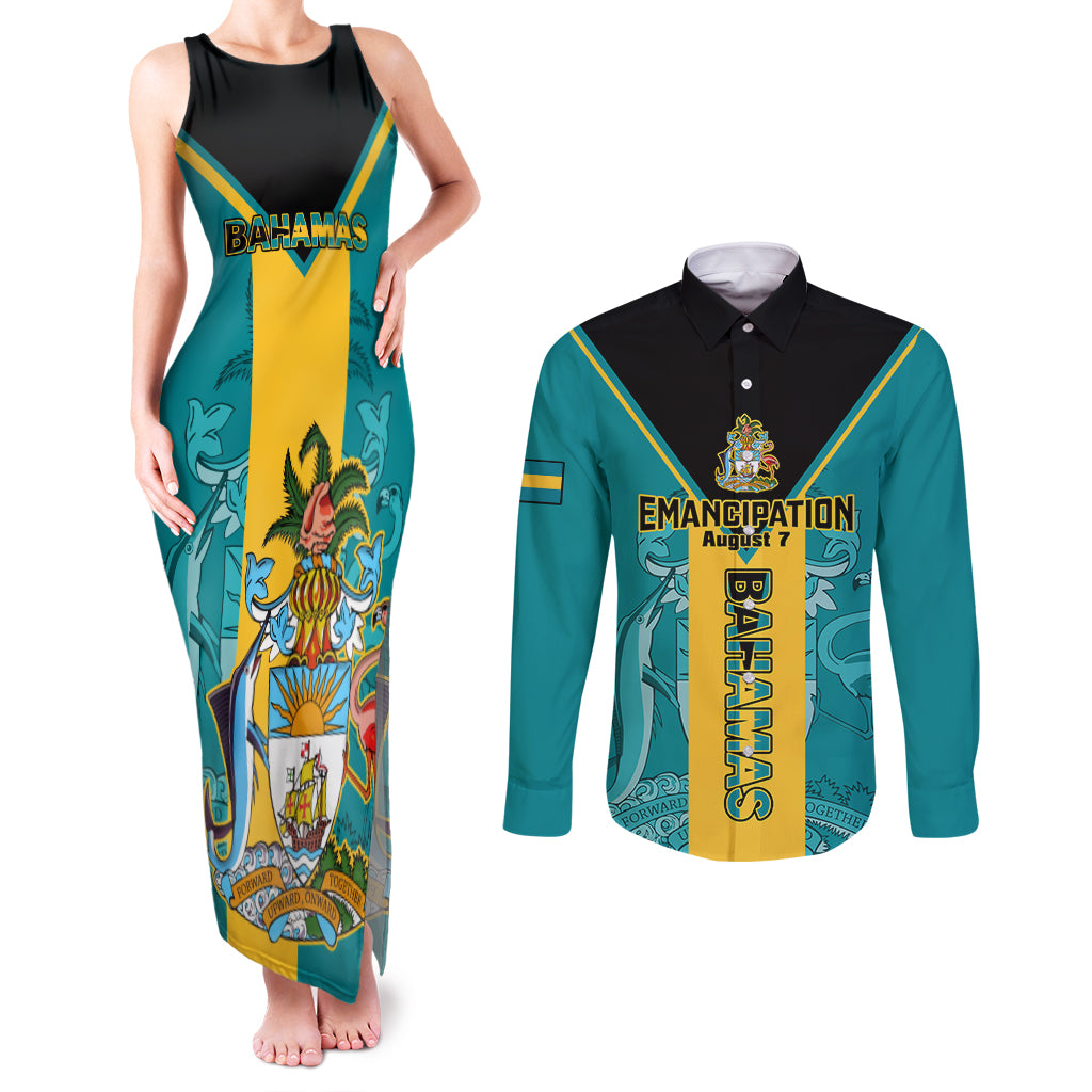 Bahamas Couples Matching Tank Maxi Dress and Long Sleeve Button Shirts Happy Bahamian Emancipation Day - Wonder Print Shop