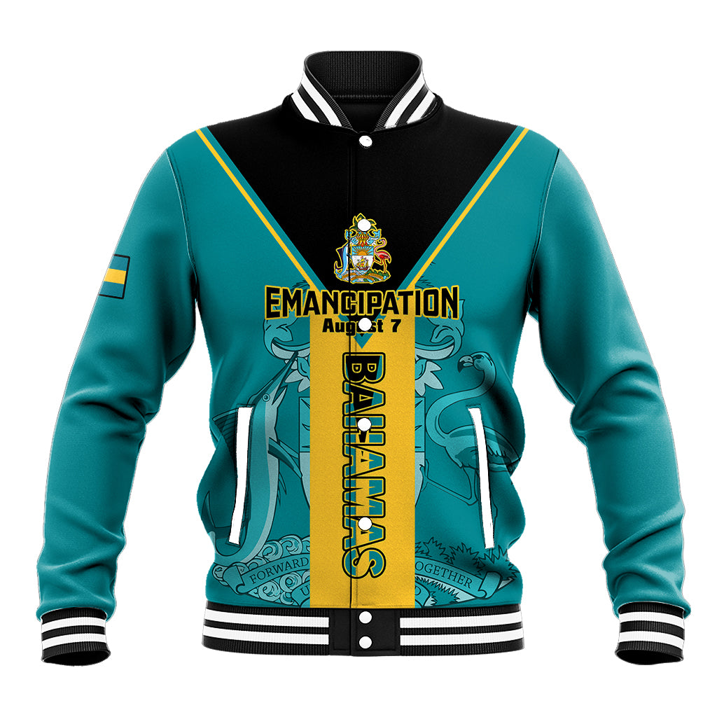 Teal and black baseball jacket with striped ribbed collar, front buttons, and Bahamas graphic