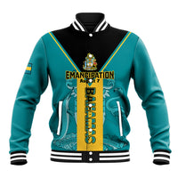 Teal and black baseball jacket with striped ribbed collar, front buttons, and Bahamas graphic