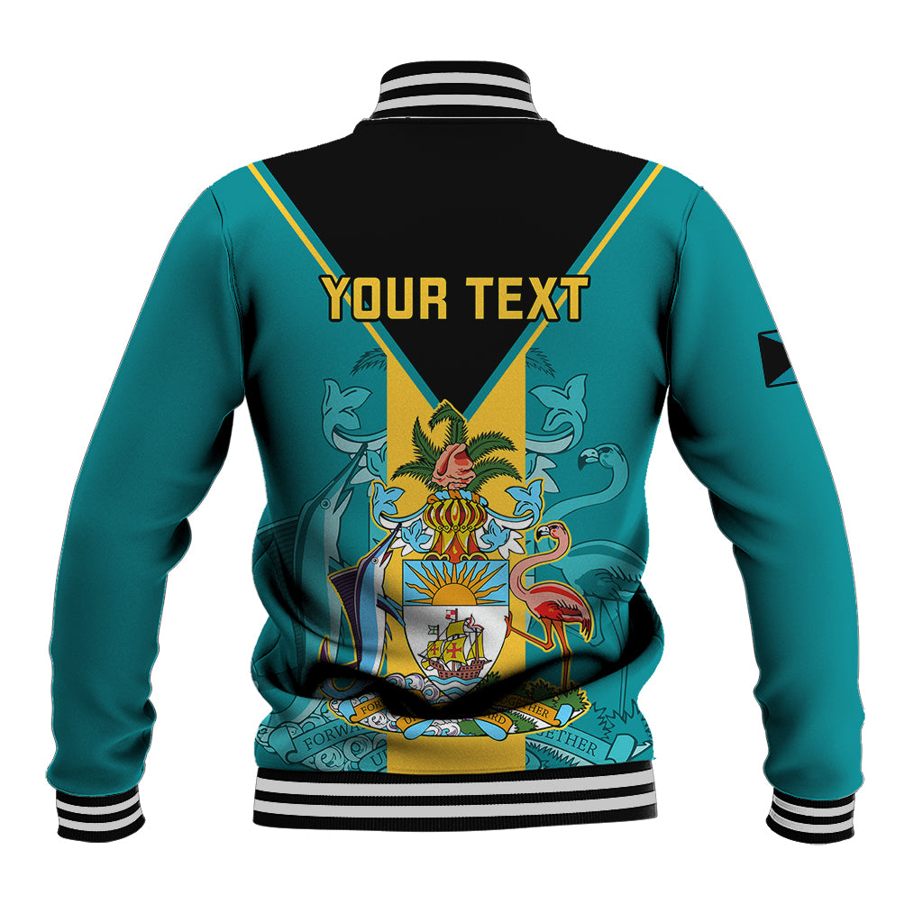 Teal and black baseball jacket with striped ribbed collar, cuffs, and large back graphic