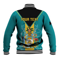 Teal and black baseball jacket with striped ribbed collar, cuffs, and large back graphic