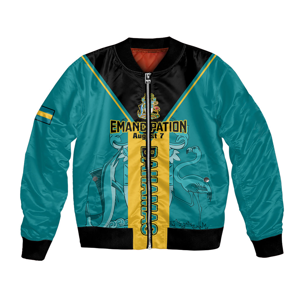 Teal and black bomber jacket with front zip and Emancipation chest graphic