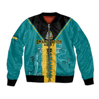 Teal and black bomber jacket with front zip and Emancipation chest graphic