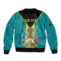 Teal bomber jacket back with black collar, YOUR TEXT and crest artwork