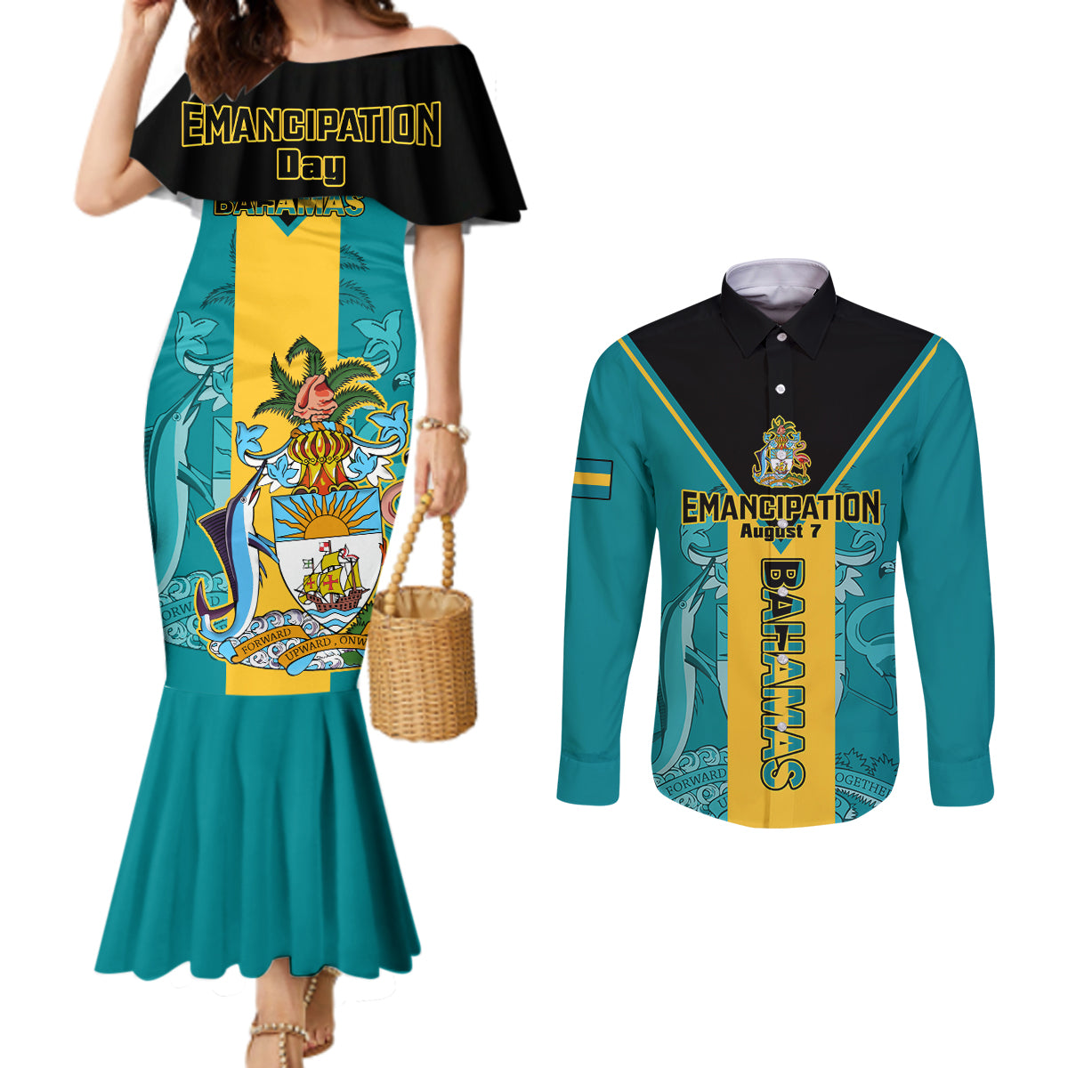 personalised-bahamas-couples-matching-mermaid-dress-and-long-sleeve-button-shirts-happy-bahamian-emancipation-day