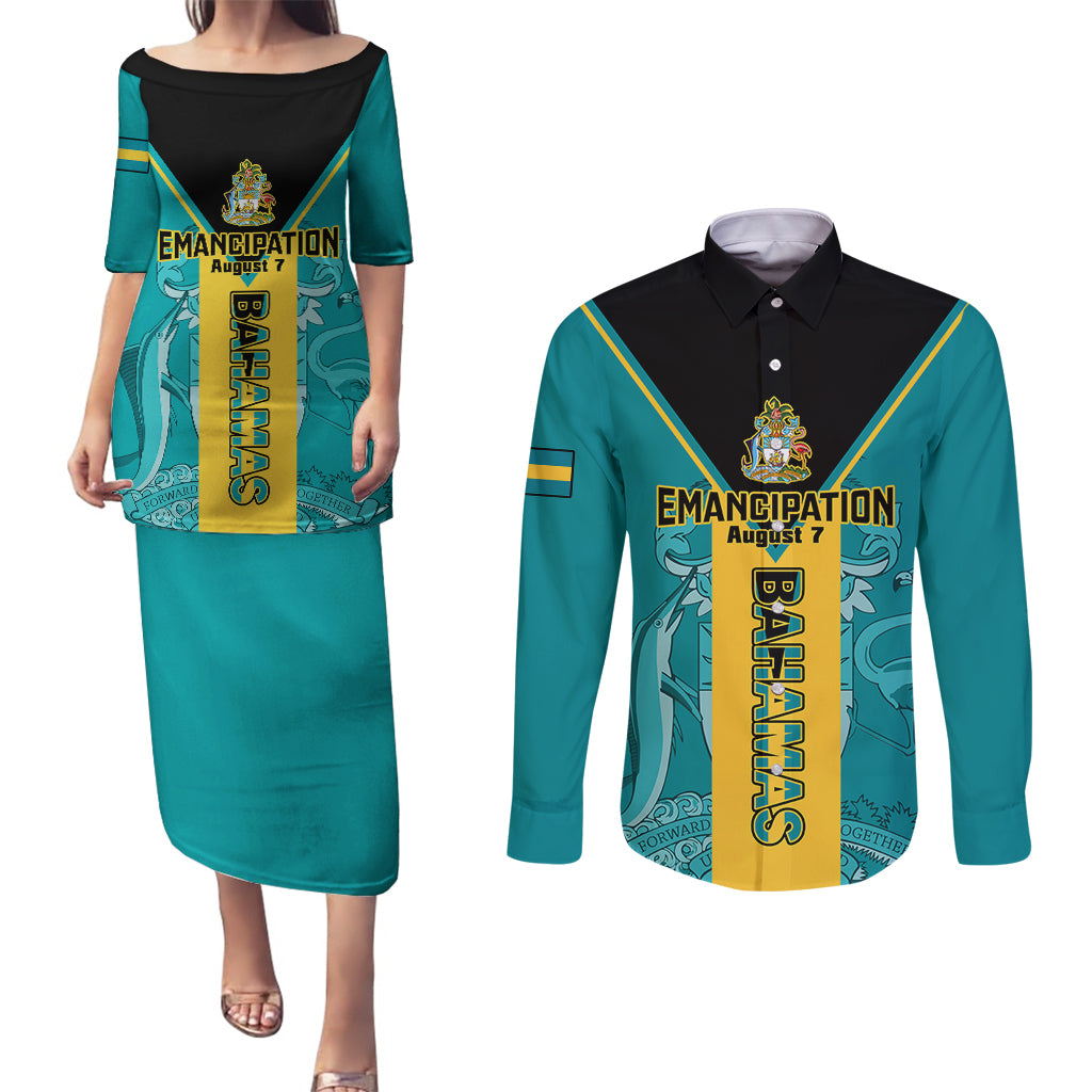 Personalised Bahamas Couples Matching Puletasi Dress and Long Sleeve Button Shirts Happy Bahamian Emancipation Day - Wonder Print Shop