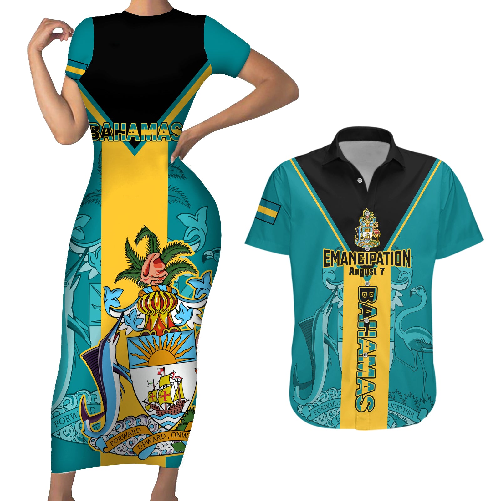 Personalised Bahamas Couples Matching Short Sleeve Bodycon Dress and Hawaiian Shirt Happy Bahamian Emancipation Day - Wonder Print Shop