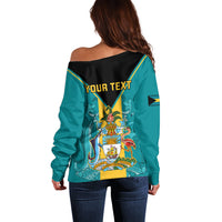 Teal off-shoulder sweatshirt with black shoulder panel and large 'YOUR TEXT' back print