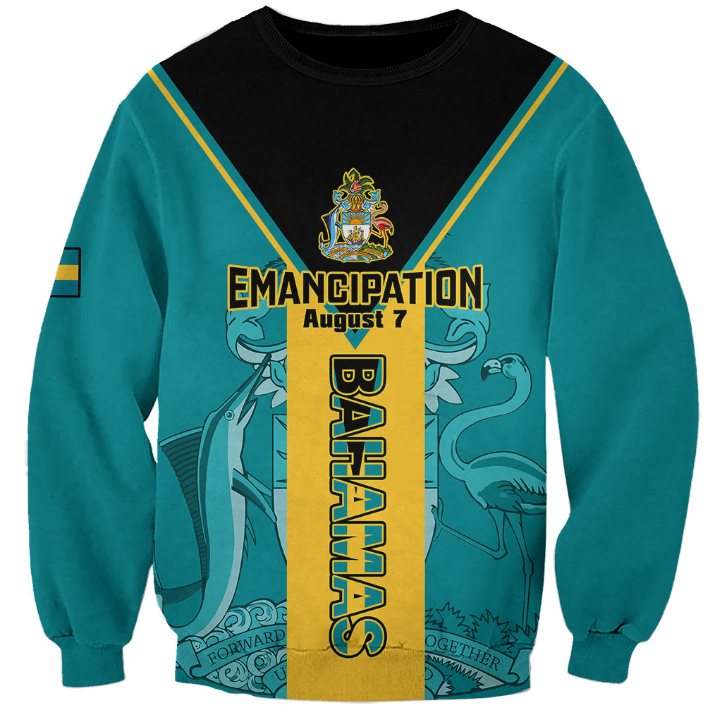 Teal Bahamas sweatshirt with black yoke, 'Emancipation August 7' graphic and crest