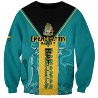 Teal Bahamas sweatshirt with black yoke, 'Emancipation August 7' graphic and crest