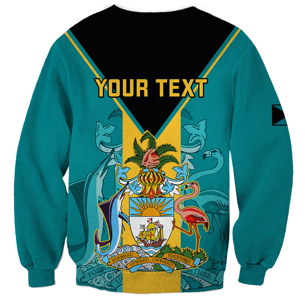 Teal Bahamas sweatshirt with black back panel, 'YOUR TEXT' and crest graphic