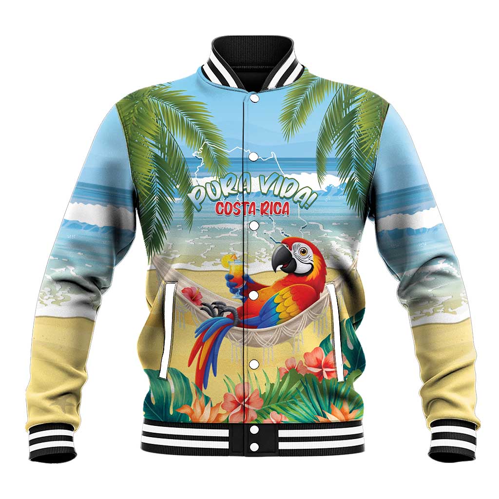 Tropical baseball jacket with light blue sleeves, ribbed collar, snap front and bird graphic